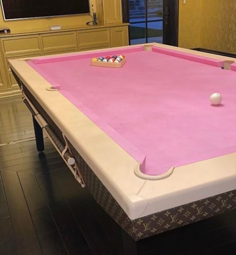 Pool Table Aesthetic, Billiards Aesthetic, Pink Louis Vuitton, Pink Pool, Pool Table Room, Pool Room, Office Room Decor, Home Building Design, Barbie Dream House