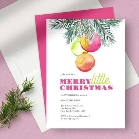 Christmas Party Baby Shower Invitation Christmas Bridal Shower Invitations, Magenta And Green, Christmas Bridal Showers, Unique Baby Shower Themes, Watercolor Holiday, Christmas Party Invitation Template, Sip And See, Christmas Typography, Christmas Party Themes