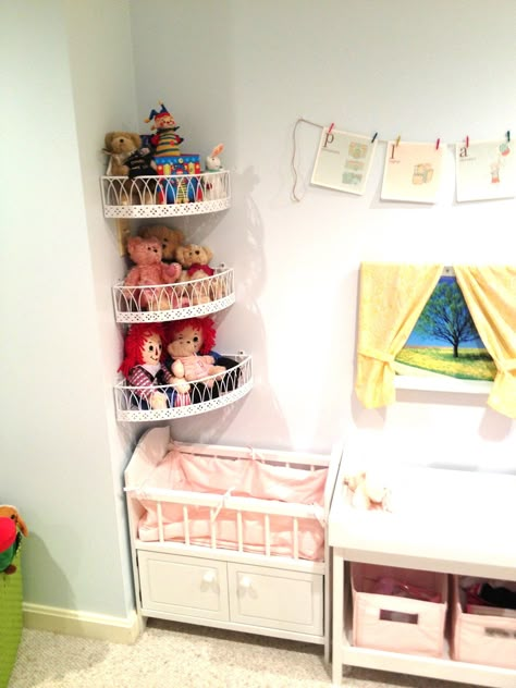 Adventures in Tullyland: Project Playroom: Storage Doll Storage, Baby Doll Nursery, Playroom Storage, Corner Storage, Toy Room, Stuffed Animal Storage, Toy Rooms, Organization Kids, Big Girl Rooms