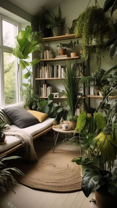 Leafy Living Room Decor, Plant Style Living Room, Indoor Jungle Home Office, Plant Decor Interior Design, Greenery Home Decor Inspiration, Bohemian Plant Room, Room Full Of Plants Aesthetic, Boho Florida Room, Tropical Plants Indoor Decor