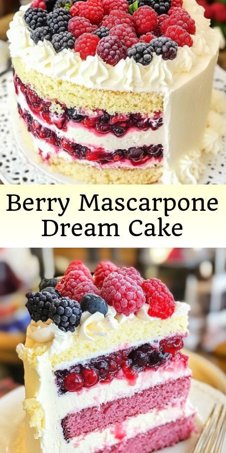 "Berry Mascarpone Dream Cake - A Heavenly Blend of Berries and Mascarpone Frosting" Indulge in the delightful combination of rich mascarpone cheese and fresh mixed berries with this delicious Berry Mascarpone Dream Cake. Light, airy, and bursting with sweetness, this cake is the perfect treat for any occasion. Get the recipe and impress your guests with this beautiful dessert! #BerryMascarponeCake #DessertGoals #CakeDecorating #SweetTreats Berry Cake Recipe, Berry Chantilly Cake, Mascarpone Cake, Mascarpone Recipes, Mascarpone Dessert, Mascarpone Frosting, Cake Light, Light Cakes, Berry Dessert