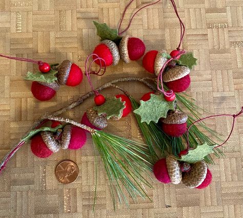 Felt Acorn & Holly Ornament Double Acorns With Wool Felt Holly - Etsy Felt Acorn, Felt Holly, Holly Ornament, Felted Pictures, Acorn Caps, Felted Acorns, Felted Christmas, Acorn Ornaments, Acorn Crafts