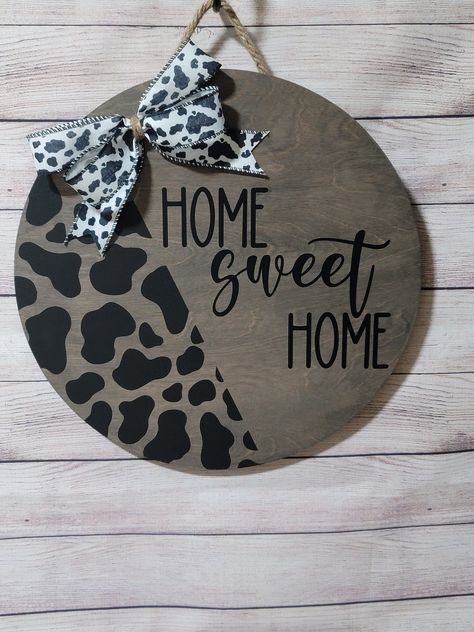 Cow Print Door Hanger, Cow Print Door, Handmade Farmhouse, Door Signs Diy, Signs Diy, Farm Cow, Hanger Wall, Tiered Stand, Round Door