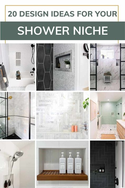 Build In Shower Shelves, Shower Tile Cutouts, Shower Niche Placement Wall, Shower Wall Insets, Tiled Shower Niche Ideas, Shower Floor And Niche Tile, Niche Decor Bathroom, Recessed Shower Niche, 2023 Shower Ideas