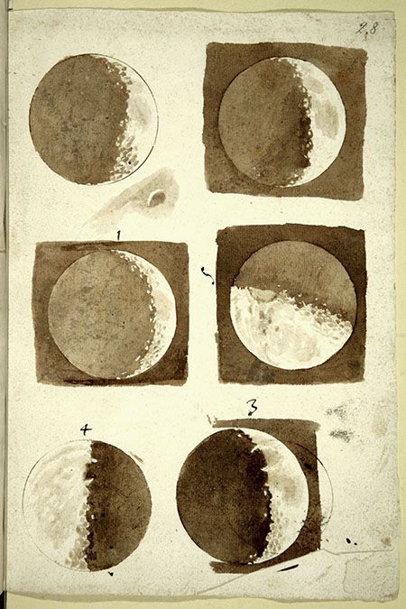 Galileo Galilei (1564-1642)  Drawings of the Moon, November-December 1609.  Florence, Biblioteca Nazionale Centrale, Ms. Gal. 48, f. 28r.     Galileo produced this extremely famous set of six watercolours of the Moon in its various phases "from life", as he observed the Earth's satellite through a telescope in the autumn of 1609. They represent the first realistic depiction of the Moon in history. Galileo Galilei, Light Academia Aesthetic, Moon Drawing, Phases Of The Moon, A4 Poster, Dark Academia Aesthetic, Academia Aesthetic, Light Academia, Brown Aesthetic