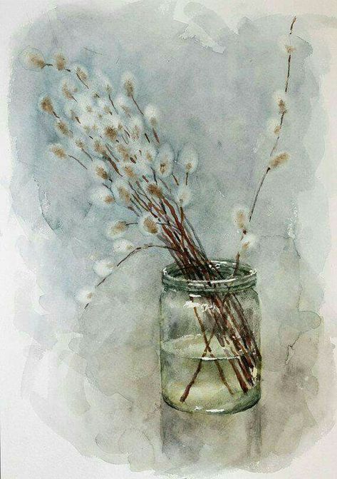 Glass Watercolor Painting, Willow Watercolor, Nature Watercolor Art, Spring Artwork, Glass Watercolor, Painting Of Flowers, Spring Watercolor, Aquarelle Art, Botanical Drawing