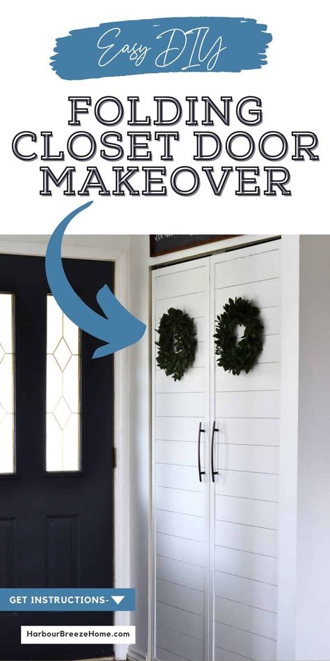 From ugly hinged bi-fold doors to Modern Farmhouse French doors with ship-lap! Learn how easy it is with this step by step tutorial. Bifold Door To French Door, Laundry Room Door Ideas Bifold, Farmhouse French Doors, Accordian Door, Bifold French Doors, Bifold Doors Makeover, Folding Closet Doors, Accordion Doors, Closet Door Makeover