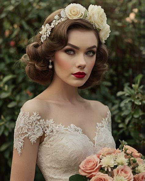 Step Back in Time, Embrace Retro Wedding Charm! 🌼 Retro vibes are making a comeback! From vintage lace to classic hairstyles, every detail is a nod to timeless romance. Picture yourself walking down the aisle in a gown that whispers elegance from a bygone era, complete with bold lipstick and intricate accessories. Whether you're a bride-to-be seeking inspiration or a lover of all things vintage, dive into our collection of retro wedding ideas that blend nostalgia with modern flair. Ready... Wedding Hairstyles Vintage, Vintage Bride Hairstyles, Retro Wedding Ideas, Vintage Bridal Makeup, Vintage Bridal Hair, Bold Lipstick, Wedding Charm, Vintage Wedding Hair, Classic Hairstyles