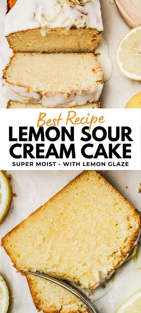 Elevate your dessert game with our Lemon Sour Cream Cake, boasting unrivaled moistness and flavor. Bursting with lemony goodness, this easy-to-make cake from scratch features a velvety texture enhanced by tangy sour cream. Drizzle it with a lemon glaze for a truly unforgettable treat. Experience the best in every bite! Lemon Pound Cake With Sour Cream, Lemon Syrup Cake Recipe, Lemon Cake With Sour Cream, Cakes Using Sour Cream, Sour Cream Lemon Pound Cake, Lemon Tea Cakes Recipes, Sour Cream Desserts Easy, Lemon Cake Moist, Cream Desserts Easy