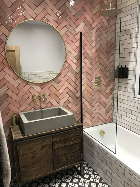 Pink Tiles For Bathroom, Pink And Dark Grey Bathroom, Pink Bathroom With Black Fixtures, Bathroom Tile Ideas Pink, Pink Herringbone Tile Bathroom, Bathroom Ideas Pink And Gold, Blush Pink Toilet Room, Pink Tiles Black Grout, Pink Grey Black Bathroom