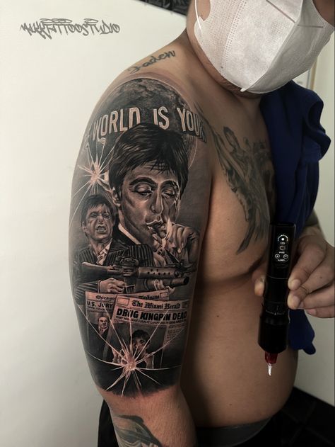 Scarface Tattoo, Arm Tattoos For Guys Forearm, Mangas Tattoo, Gray Tattoo, Wife Tattoo, Grey Tattoo, Arm Tattoos For Guys, Word Tattoos, Black And Grey Tattoos