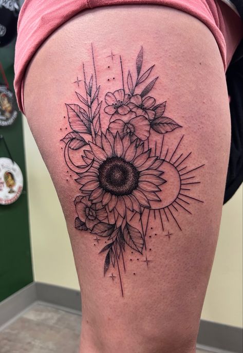 Sunflower Tattoo Thigh, Moon Star Tattoo, Colour Tattoo For Women, Sunflower Tattoo Shoulder, Hippie Tattoo, Hip Thigh Tattoos, Wrap Tattoo, Armband Tattoos, Boho Tattoos