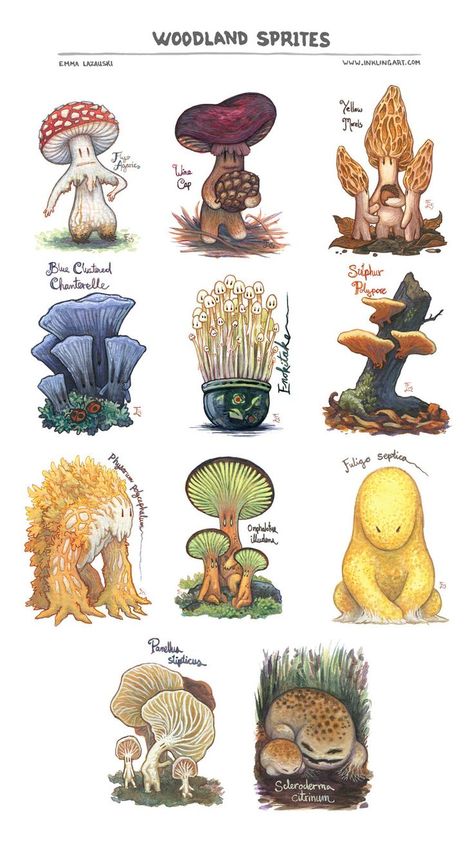 Woodland Sprites Print by emla myconid mushroom fairies pixies forest monster beast creature animal | Create your own roleplaying game material w/ RPG Bard: www.rpgbard.com | Writing inspiration for Dungeons and Dragons DND D&D Pathfinder PFRPG Warhammer 40k Star Wars Shadowrun Call of Cthulhu Lord of the Rings LoTR + d20 fantasy science fiction scifi horror design | Not Trusty Sword art: click artwork for source 캐릭터 드로잉, Mushroom Art, Arte Fantasy, 판타지 아트, Creature Concept, Creature Design, Creature Art, Mythical Creatures, Fantasy Creatures