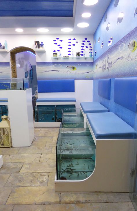 Fish Spa Design, Fish Stall Design, Bathroom Montell Fish, Fish Monger Shop, Fish Pedicure Spas, Whale Spa Pedicure Chairs, Fish Spa, Fish Pedicure, Dream Spa