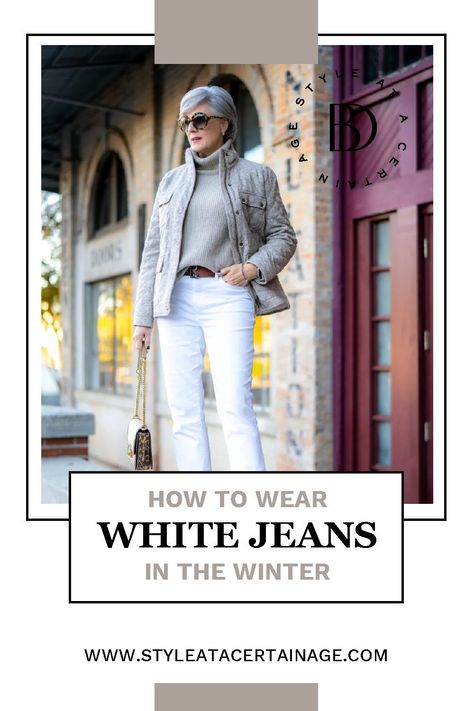 Styling White Jeans Winter, Wear White In Winter, What To Wear With White Jeans In Winter, White Jean Jacket Outfits Winter, White Winter Pants, White Jeans Winter Outfits, White Pants Winter Outfit Classy, Wearing White In Winter, White In Winter Outfits