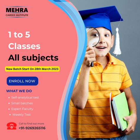 Primary education plays an important role in moulding a child’s mind. At this tender age they have hungry minds and thus they grasp or learn things faster. We offers Tuition Class for 1 to 5 standards, the classes offer all subjects: Maths, Science, EVS, English, Hindi and Computers. For FREE Consultation! Call at +91-9269265116 Email: mehracareerinstitute@gmail.com Maths Tuition Poster, Math And Science Poster, Tuition Classes Banner, Tuition Classes Poster, Home Tuition Poster, Tuition Poster Design, Tuition Advertisement, Class Poster Ideas, Tuition Flyer