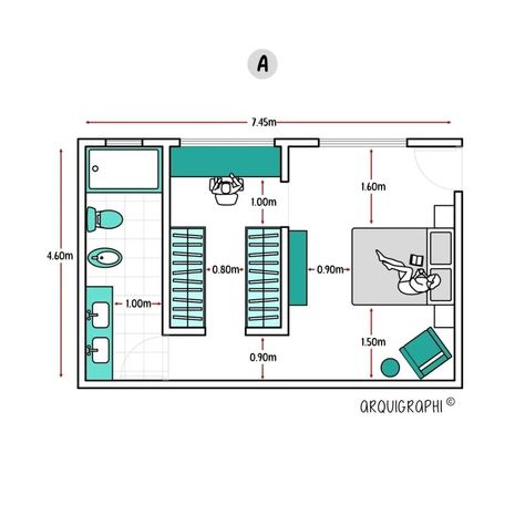 #architecturesight ⁣ What do you think of these bedroom designs? Which one do you prefer, A or B? Leave your comment below!⁣ ⁣ 2 main bedroom designs (with ensuite bathroom and bathtub) within the same 34.2m² area.⁣ ⁣ Get your copy now of "Guide to Architecture and interior design". Link in bio 📚🔗⁣ ⁣ Get your ebook now, download now.⁣ • English and Spanish⁣ ⁣ What does the Book contain?⁣ Architectural works/ The importance of color/ Decor/ Details/ Doors/ Windows/ Bedroom/ Study/ Living room... Study Area Design, Bedroom Architecture, Windows Bedroom, Bedroom Layout Design, Closet Planning, Bedroom Ensuite, Little House Plans, Study Living Room, Building Layout