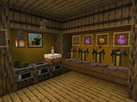 Minecraft idea for kitchen and potion brewery corner #minecraft Brewing Station Minecraft Design, Minecraft Brewery Ideas, Minecraft Corner Kitchen, Minecraft Brewery Room, Brewing Area Minecraft, Potion Brewing Room Minecraft, Potions Room Minecraft, Potion Room Minecraft Ideas, Brewery Minecraft