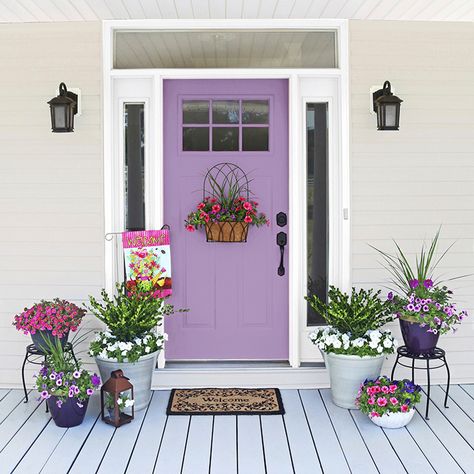 Modern Front Door Colors, Purple Front Door Colors, Purple Front Door, Purple Front Doors, Stucco House, Victorian Front Doors, Cottage Front Doors, House Flip, Front Door Paint Colors