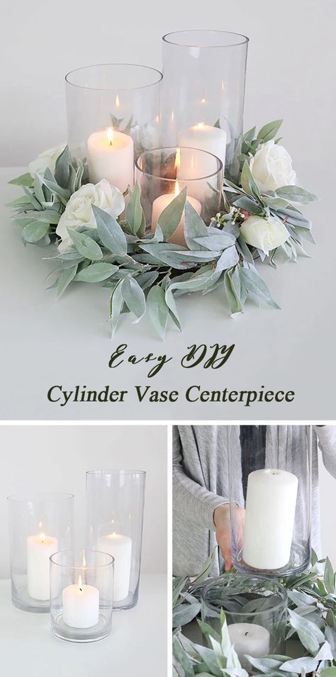 Wedding Centerpieces Diy Vases, Very Simple Wedding Centerpieces, Vase Centerpiece Ideas Wedding, Wedding Centerpieces Dollar Tree, Vase Decorating Ideas For Wedding, Diy Wedding Anniversary Decorations, Dollar Tree Diy Centerpieces Wedding, 3 Cylinder Vase Centerpiece, Wedding Reception Decorations Table Centerpieces Simple