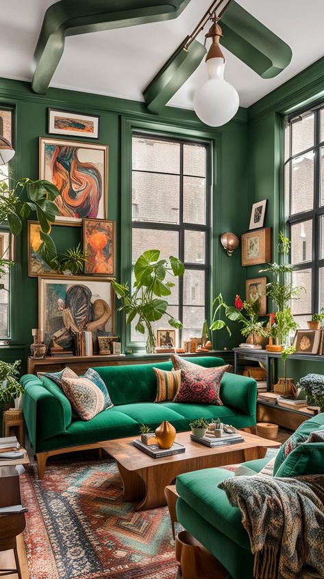 eclectic living room decor, small cozy living room, maximalist inspo, green theme, vintage decor Eclectic Home Kitchen, Living Room Maximalist, Eclectic Living Room Decor, Small Cozy Living Room, Living Room Decor Eclectic, Maximalist Living Room, Bold Eclectic, Green Lounge, New House Living Room