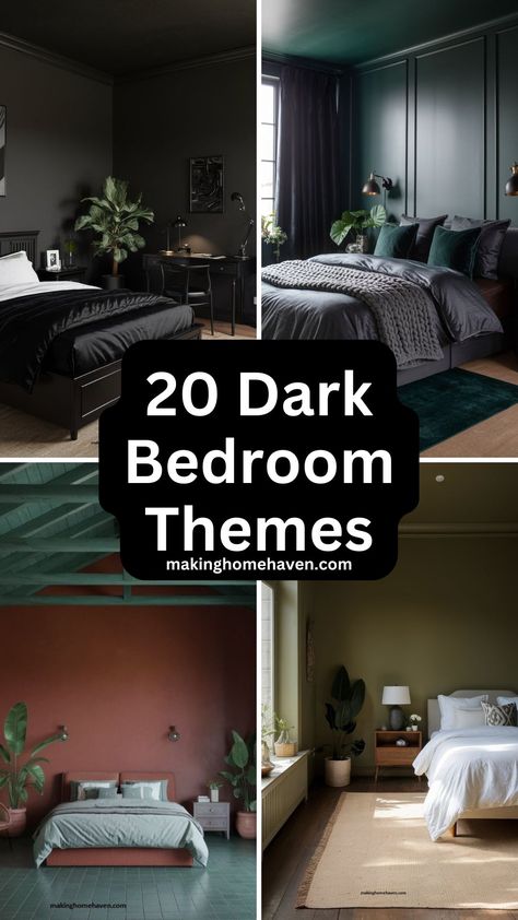 20 dark bedroom themes for moody bedroom decor Dark Wall In Bedroom Ideas, Dark Basement Bedroom Ideas, Dark Bedroom Luxury, Dark Bedroom Modern, Dark Room Ideas Bedrooms, Elegant Dark Bedroom, Dark Tone Bedroom, Cozy Dark Room, Dark Interiors Bedroom