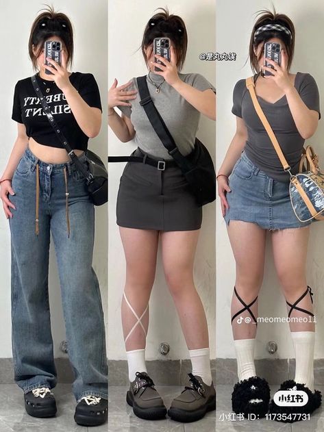 Korean Outfit Street Styles Plus Size, Korean Street Fashion Midsize, Midsize Asian Fashion, Midsize Korean Outfits, Chubby Fashion Outfits Korean, Y2k On Midsize, Chubby Outfit Ideas, Chubby Fashion, Casual College Outfits