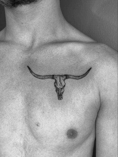 Fineline mens cow skull tattoo Men’s Longhorn Tattoo, Longhorn Tattoo Outline, Grunge Western Tattoos, Longhorn Chest Tattoo, Cow Skull Tattoo Men, Longhorn Bull Tattoo, Small Western Tattoos For Men, Longhorn Tattoo For Men, Cattle Brand Tattoo