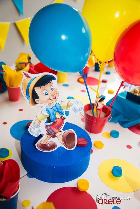 Liam's 3rd Pinocchio Party | CatchMyParty.com Pinocchio Centerpiece Party Ideas, Pinocchio Birthday Party Ideas, Pinocchio Party Ideas, Pinocchio Birthday Party, Disney Party Decorations, Animal Crafts Preschool, Duck Cake, Boy Birthday Party Themes, Disney Party