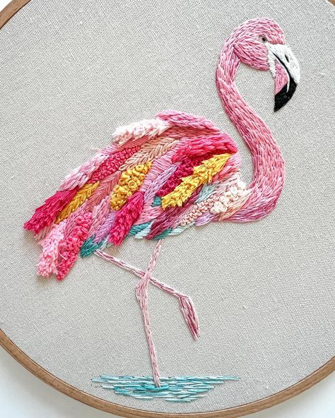 New 🦩 with loads of texture. Should I make a pattern for this? #flamingo #modernembroidery #handembroidery #embroidery #embroideryart #damngoodstitch #dmcembroidery #dmcthreads Embroidery Flamingo, Aplic Work, Flamingo Embroidery, Diy Embroidery Shirt, Mosaic Embroidery, Instagram Edit, Animal Embroidery Designs, Contemporary Embroidery, Hand Embroidery Tutorial