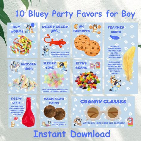 ✨Make Your Bluey Birthday Unforgettable with Our Party Favors Bundle! ✨ ✨Create the perfect Bluey birthday celebration for your little one with our 10 Bluey party favors! Designed to delight every bluey birthday boy, this blue theme bundle includes fun and memorable items that will make your party stand out. ✨These party printables are easy to print, and assemble, making your party planning a breeze. Ensure your bluey birthday boy has a day to remember with our delightful bluey party favors! HOW IT WORKS? ✨Instant Download ✨ PARTY FAVORS SIZE: 8 tags at 3.5"×4" 1 tag at 7"×3.5" 1 tag at 4"×8" ✨PAGE SIZE 8,5"×11" (6 tags on page/ 3 on page/2 on page)  ✨TAGS ARE NOT EDITABLE ✨ Print  ✨ Digital Item Only ✨ No Refund PLEASE NOTE ✨These items are not meant to be resold. They are for your person Bluey Loot Bags, Bluey Birthday Candy Table, Bluey Birthday Party Favor Ideas, Bluey Favor Ideas, Bluey Party Favor Printables Free, Bluey Goodie Bags Favors, Bluey Kids Party, 2nd Birthday Party Bluey, Bluey Third Birthday Boy