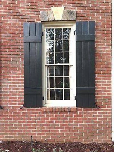 Shutters Brick House, Wood Shutters Exterior, Cedar Board, Farmhouse Shutters, Shutter Ideas, Outdoor Shutters, Rustic Shutters, Cedar Shutters, Black Shutters