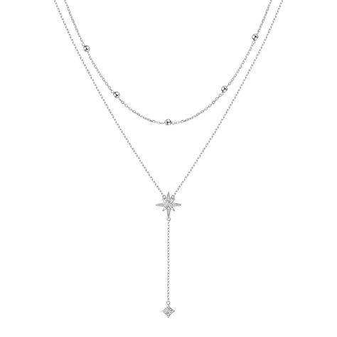 PRICES MAY VARY. Star layer necklace featuring AAA CZ,round beads,made of sterling silver,is layering,shinning lariat necklace for women. The lariat necklace length is 16"/18"(with 2" extender chain,so the necklace can go up to 20" ,adjustable),drop chain length:2" long,star drop:15mm/8mm. Material:Real 925 Sterling Silver, plating: rhodium; tarnish resistant, nickel-free, lead-free, cadmium-free;finish: high polish. Package: This long layered necklace come with exquisite jewelry box and a clean Drop Chain Necklace, Y Necklace Silver, Hoco Necklaces, Neck Accessories Women, Prom Jewelry Silver, Silver Necklace Aesthetic, Big Silver Necklace, Senior Hoco, Hollywood Arts