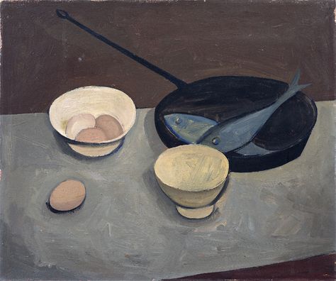 William Scott, Frying Pan and Blue Fish, 1947, Oil on canvas, 52.6 × 62.5 cm / 20¾ × 24½ in, Private collection Still Life Abstract, Colour Collage, William Scott, English Modern, 15 February, Abstract Still Life, Art Fish, Still Life Oil Painting, Painting Still Life