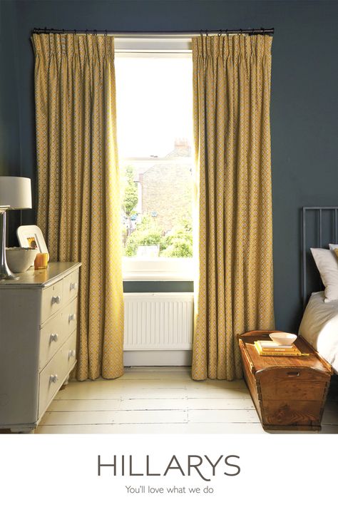 For your Bedroom try matching golden mustard tones with navy blue. These Eclipse Mimosa curtains add an edge of decadence and brightness to this bedroom for a luxe feel Yellow Curtains Bedroom, Yellow Gold Curtains, Ochre Bedroom, Mustard Bedroom, Mustard Yellow Curtains, Lounge Curtains, Korean Apartment, Snug Room, Glamourous Bedroom