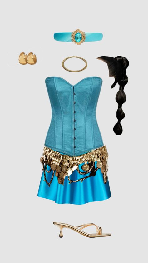 Jasmine                                                  Gold turquoise corset Halloween costume jasmine princess Aladdin jewelery shoes hair bubble braid headband skirt Jasmine And Aladdin Costume, Princess Jasmine Halloween Costume, Turquoise Corset, Corset Halloween Costume, Corset Halloween Costumes, Jasmine Halloween Costume, Joker Halloween Costume, Jasmine Princess, Aladdin Costume