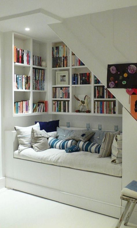 Library Diy, Under Stairs Nook, Stair Nook, Miniature Couch, تحت الدرج, درج السلم, Private Library, Staircase Storage, Patio Couch