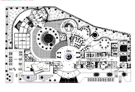 The 5 star hotel architecture ground floor plan CAD drawing that shows reception area, dining hall, exhibition hall, lobby bar, slop ramp, shop, back office, security room, business lounge, wide garden with landscaping design and car parking lot detail dwg file. Thanks for downloading the file and another CAD program from the cadbull.com website. #5star #hotelplan 3caddrawing #cadbullfreehouseplan #DWGfile #caddrawing Hotel Lobby Floor Plan Layout, Site Development Plan Architecture, Hotel Lobby Floor Plan, Lobby Floor Plan, Hotel Project Architecture, Lobby Plan, Parking Plan, Site Development Plan, Luxury Hotels Lobby