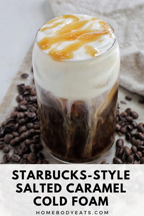 I finally learned how to make Starbucks salted caramel cold foam at home. For this copycat recipe, all you need is five ingredients. It was so much easier and cheaper to make this homemade DIY version. I can't wait to drink it in my cold brew every morning. Starbucks Salted Caramel Cold Foam, Salted Caramel Cold Foam, Salted Caramel Cold Brew, Caramel Cold Foam, Caramel Coffee Drinks, Cold Foam At Home, Caramel Cold Brew, Sweet Cream Cold Foam, Cream Cold Foam