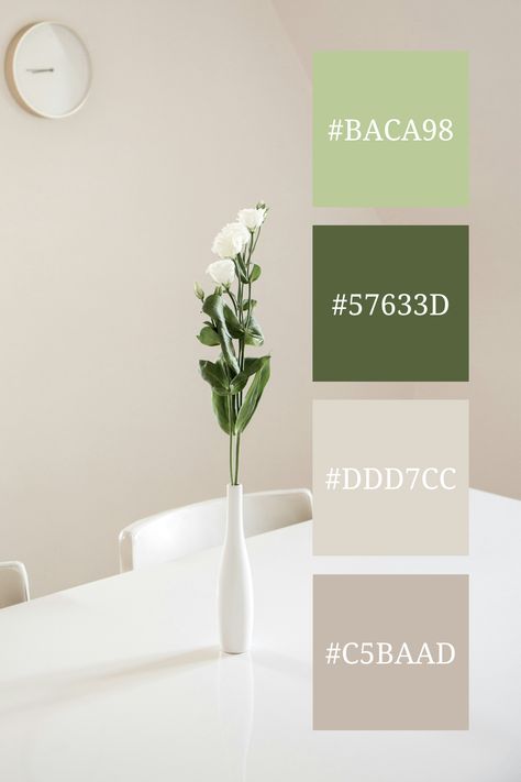 Displays a minimalistic interior with soft green and  beige tones.
A simple white vase with greenery adds a touch of freshness to the scene.The clean lines and neutral colors contribute to a calm and serene environment. Pastel Green Colour Combination, Vase With Greenery, Color Scheme Generator, Palette Green, Minimalistic Interior, Serene Environment, Beige Color Palette, Aesthetic Color, Beige Tones