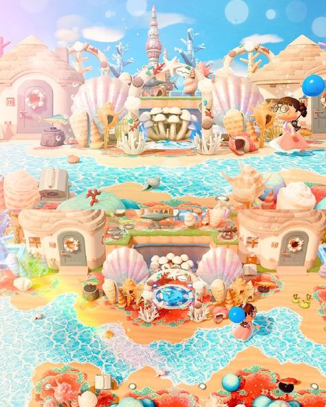 Acnh Mermaid Beach Ideas, Animal Crossing Mermaid, Acnh Mermaid, Acnh Tropicore, Acnh Tropical, Siren Design, Mermaid Island, Urban Island, Cool Fish Tanks