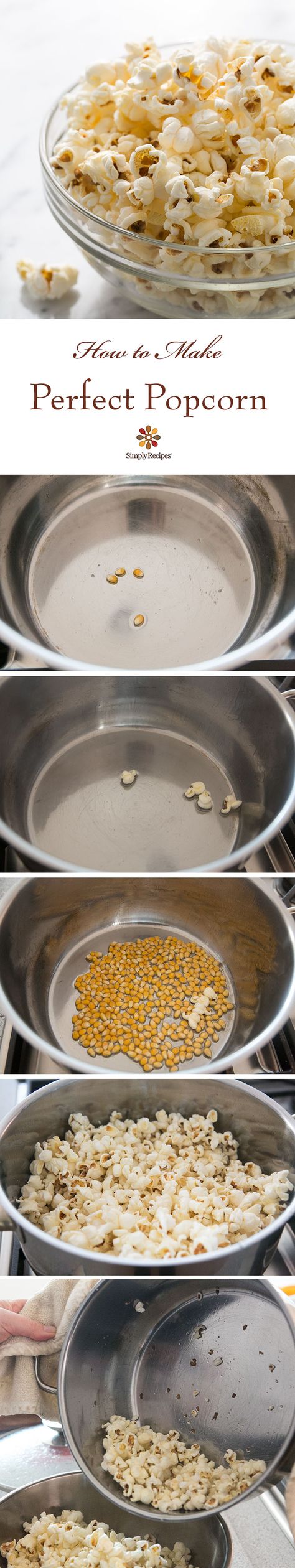 Learn how to make PERFECT popcorn on the stovetop. No burnt kernels! Easy stove-top popcorn recipe on SimplyRecipes.com #popcorn #snack #healthy #healthysnack Popcorn From Kernels, Popcorn Stovetop, Stove Top Popcorn, Making Popcorn, Stovetop Popcorn, Perfect Popcorn, Homemade Popcorn, Popcorn Balls, Popcorn Recipe