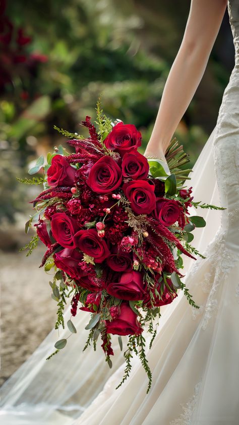 18 Jewel Tone Wedding Bouquets: Vibrant Floral Ideas Red Rose Bridal Bouquet, Red Flower Bouquet, Red Bridal Bouquet, Blush Bouquet Wedding, Hacienda Wedding, Jeweled Bouquet, Bouquet Images, Cascading Bridal Bouquets, Simple Wedding Flowers