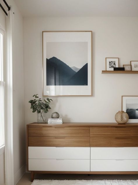 Elevate your bedrooms style with cool art pieces like a gallery wall of prints or a large statement piece above your bed. Pair it with a sleek dresser and some minimalist wall shelves for a modern and art-inspired look. Shelves Above Dresser, Cool Art Pieces, Sleek Dresser, Above Dresser, Minimalist Wall, Bedroom Styles, Bedroom Art, House Inspo, Wall Shelves