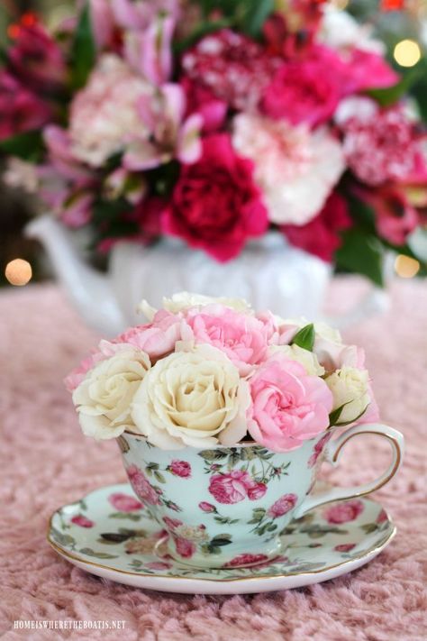 Tea Party Centerpieces Diy, Tea And Flowers, Valentines Tea, Party Centerpieces Diy, Valentines Tea Party, Tea Party Centerpieces, Valentines Dinner, Valentine Tea, Valentines Party Decor