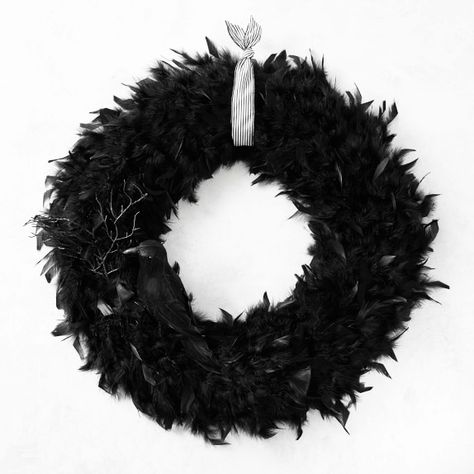 Halloween Home Decor + Decorations | Williams Sonoma Raven Wreath, Feather Wreaths, Ravens Wreath, Halloween Dinnerware, Raven Halloween, Moon Crafts, William Sonoma, Halloween Table Decorations, Black Raven