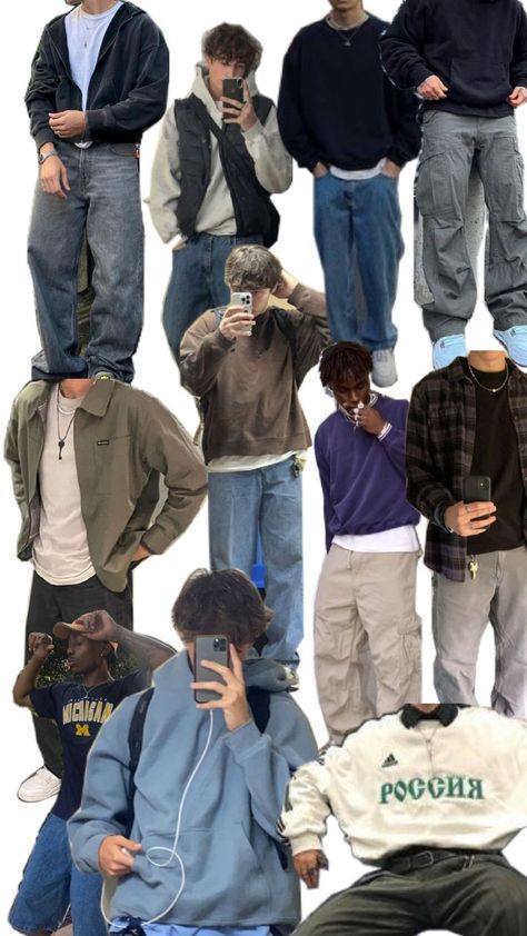 Outfit Collage Men, Utah Boy Outfits, Vsco Boy Outfits, Fashion Outfits Collage, Skate Fits, Baggy Jeans Outfit, Guys Fits, Androgynous Style, Trendy Boy Outfits