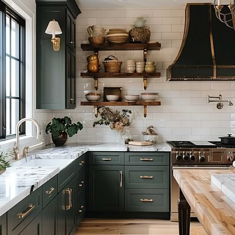 Green White Brown Kitchen, Green Cabinets Floating Shelves, Dark Green Bottom Kitchen Cabinets, Green Kitchen Dark Wood, Rustic Dark Green Kitchen, Dark Green Cabinets Kitchen, Dark Green Kitchen Wood Counter, Dark Wood Kitchen Cabinets Green Backsplash, Dark Green Interior Design