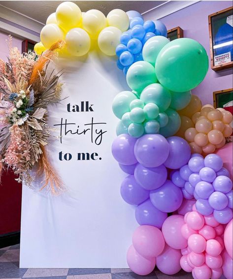 30th Birthday Color Themes, Colorful 30th Birthday Party, Colourful 30th Birthday Party, 30th Birthday Color Scheme, Talk 30 To Me Birthday Party Decorations, 13 Going On 30 Balloon Arch, Talk Thirty To Me Birthday Theme Decor, Talk 30 To Me Birthday Party, Talk Thirty To Me Birthday Theme