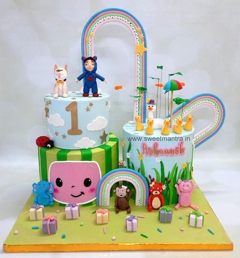 Cocomelon Theme Cake, Cake For 1st Birthday, Cake With Rainbow, Cocomelon Theme, Customised Cakes, Tiered Cake Design, Pastel Birthday, Tiered Cake, Wheels On The Bus